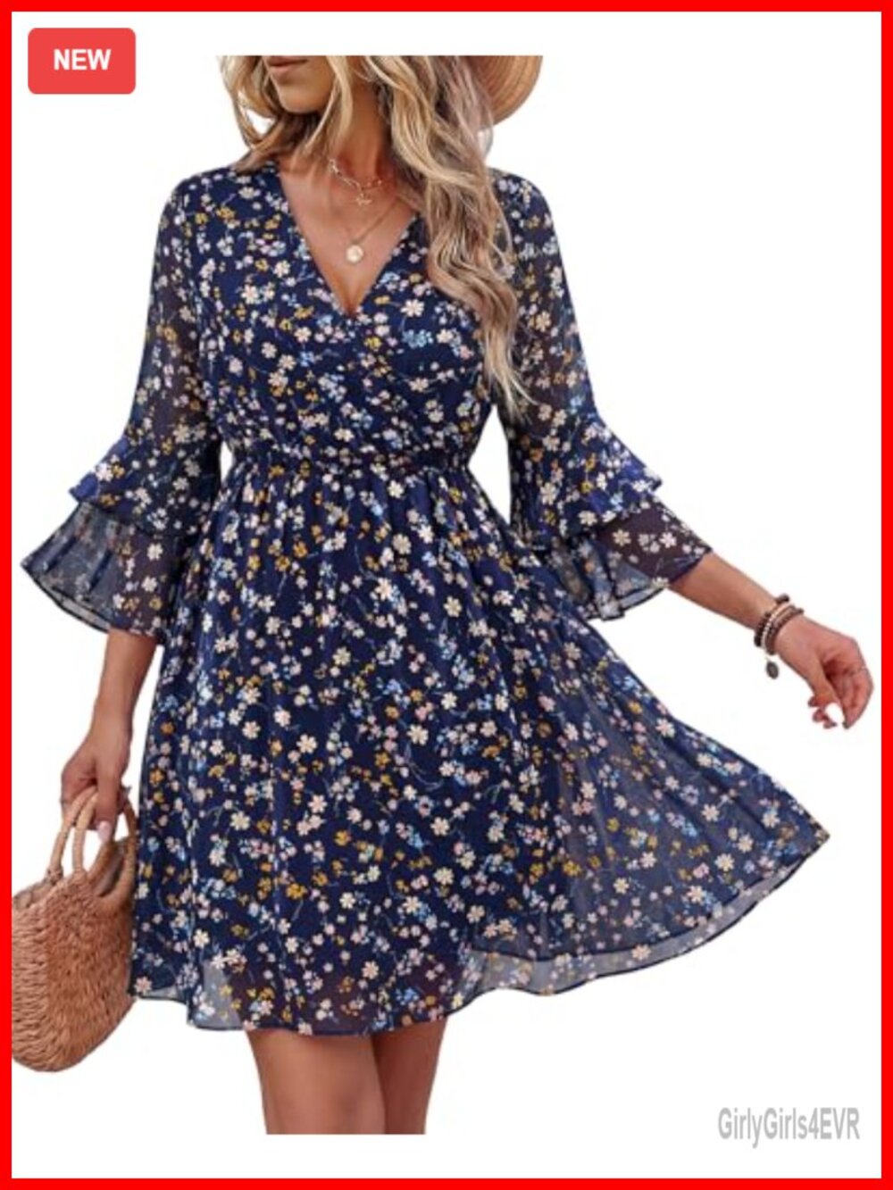 A-Line Chiffon Dress Ruffle 3/4 Sleeve V-Neck Casual Knee-Length